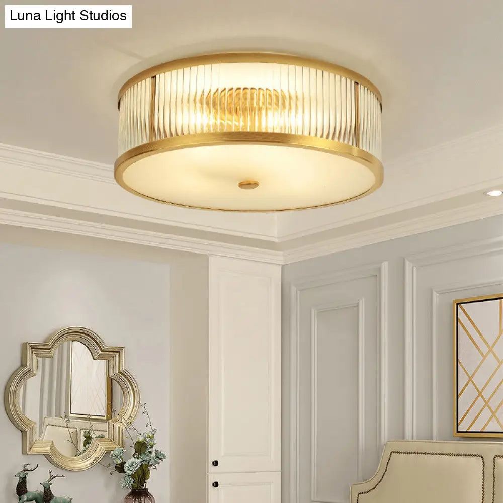 Minimalist Gold Drum Flush Mount Ceiling Light With Ribbed Glass - 4 Heads Ideal For Bedrooms