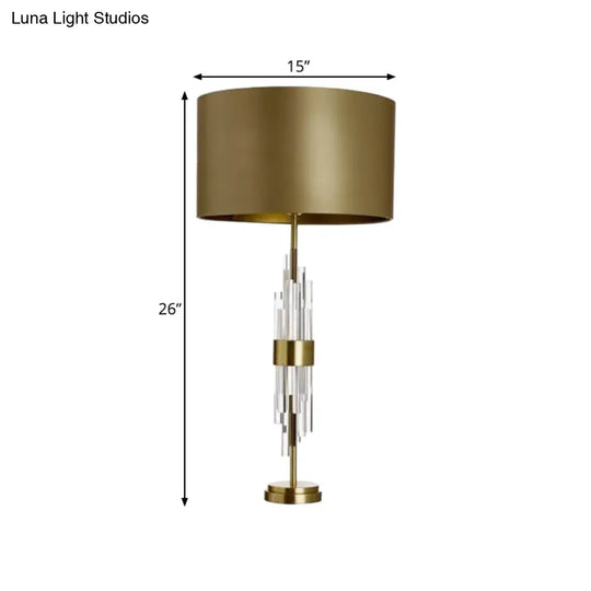 Minimalist Gold Drum Table Light - 1-Light 13/15 Wide Nightstand Lamp With Crystal Accent