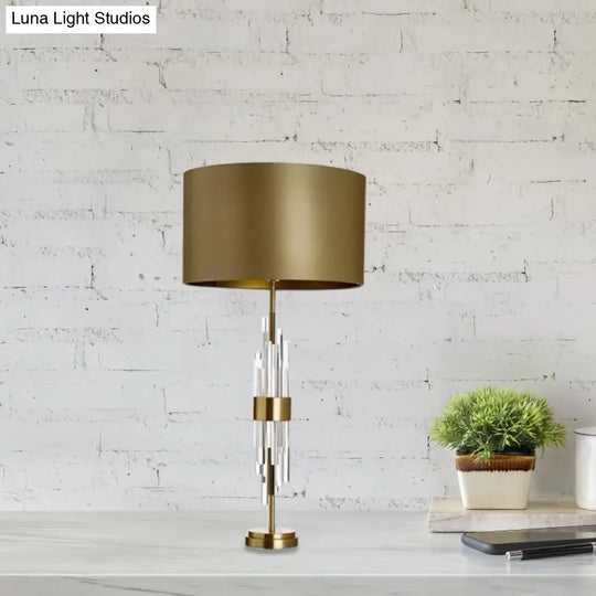 Minimalist Gold Drum Table Light - 1-Light 13/15 Wide Nightstand Lamp With Crystal Accent