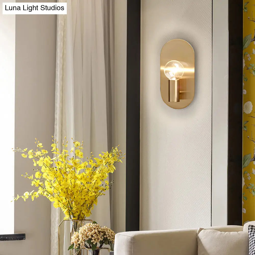 Minimalist Gold Finish Bare Bulb Wall Sconce One Light Metallic Lamp With Oval Backplate