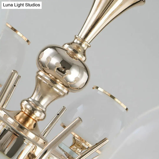 Minimalist Gold Finish Chandelier Lamp: Tapered White Glass Hanging Light For Sitting Room