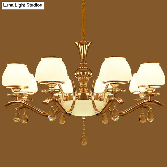 Minimalist Gold Finish Chandelier Lamp: Tapered White Glass Hanging Light For Sitting Room