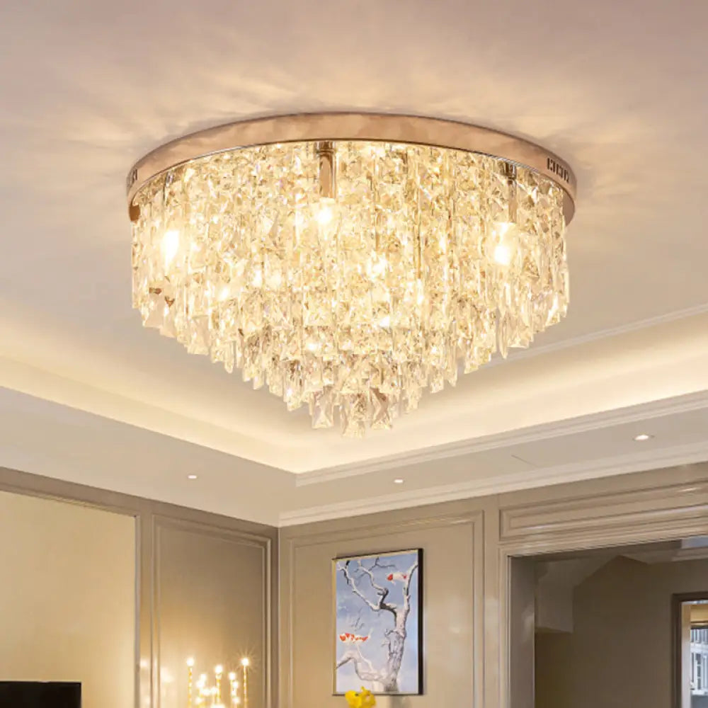 Minimalist Gold Flush Mount Crystal Ceiling Lamp - 12 Heads Clear Layered Design For Living Room