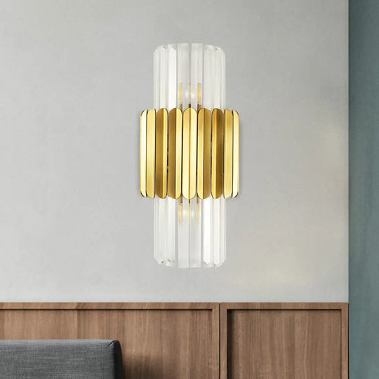 Minimalist Gold Half-Cylinder Crystal Sconce Light Fixture - 2 Lights For Bedroom Wall Lighting