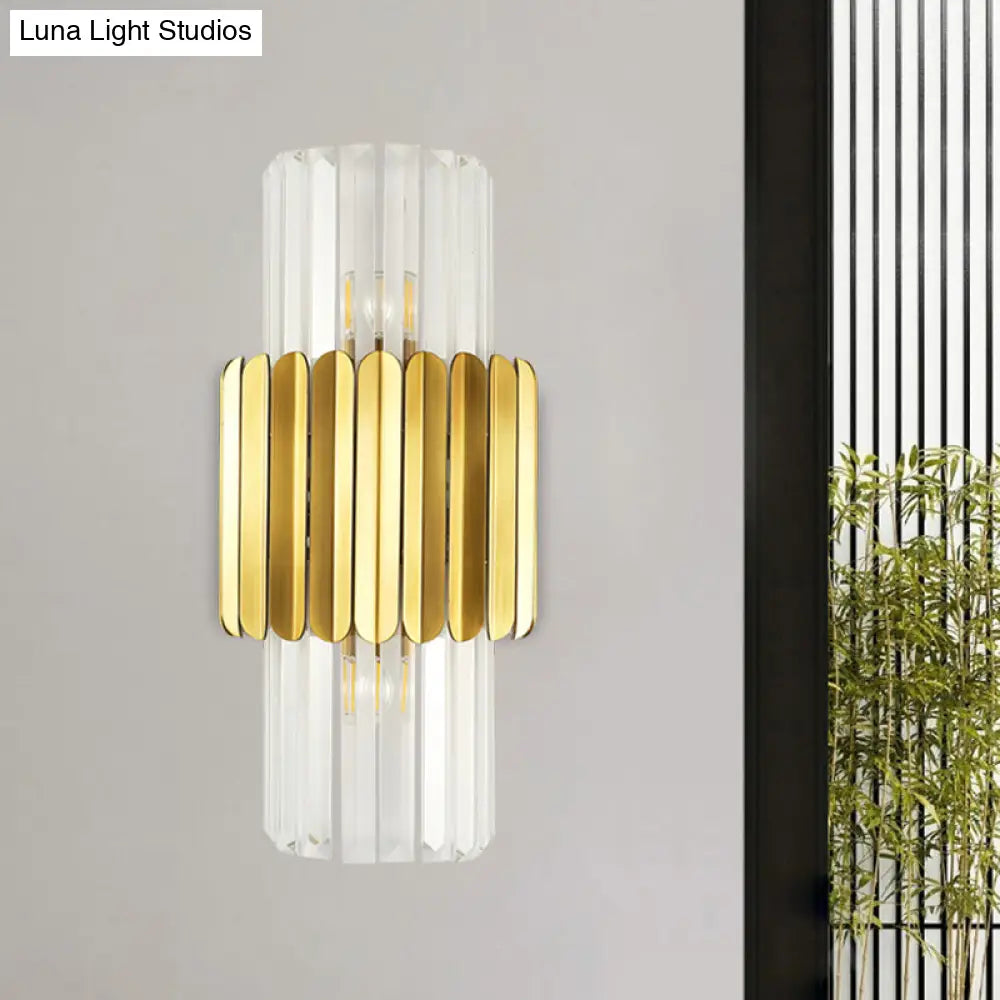 Minimalist Gold Half-Cylinder Crystal Sconce Light Fixture - 2 Lights For Bedroom Wall Lighting