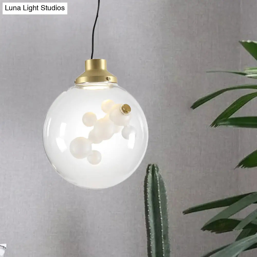 Modern Clear Glass & Gold Pendant Light With Inner Bubble Decoration - Minimalist Design / Globe