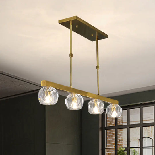 Minimalist Gold Island Pendant Light With Faceted Crystal Sphere And Linear Design - 3/4 Lights