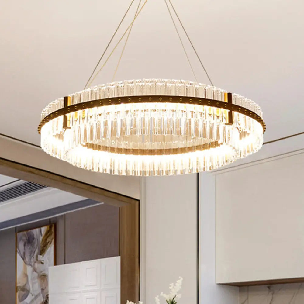 Minimalist Gold Led Pendant Light With Loop Clear Crystal Chandelier For Living Room / 18.5’’ Warm