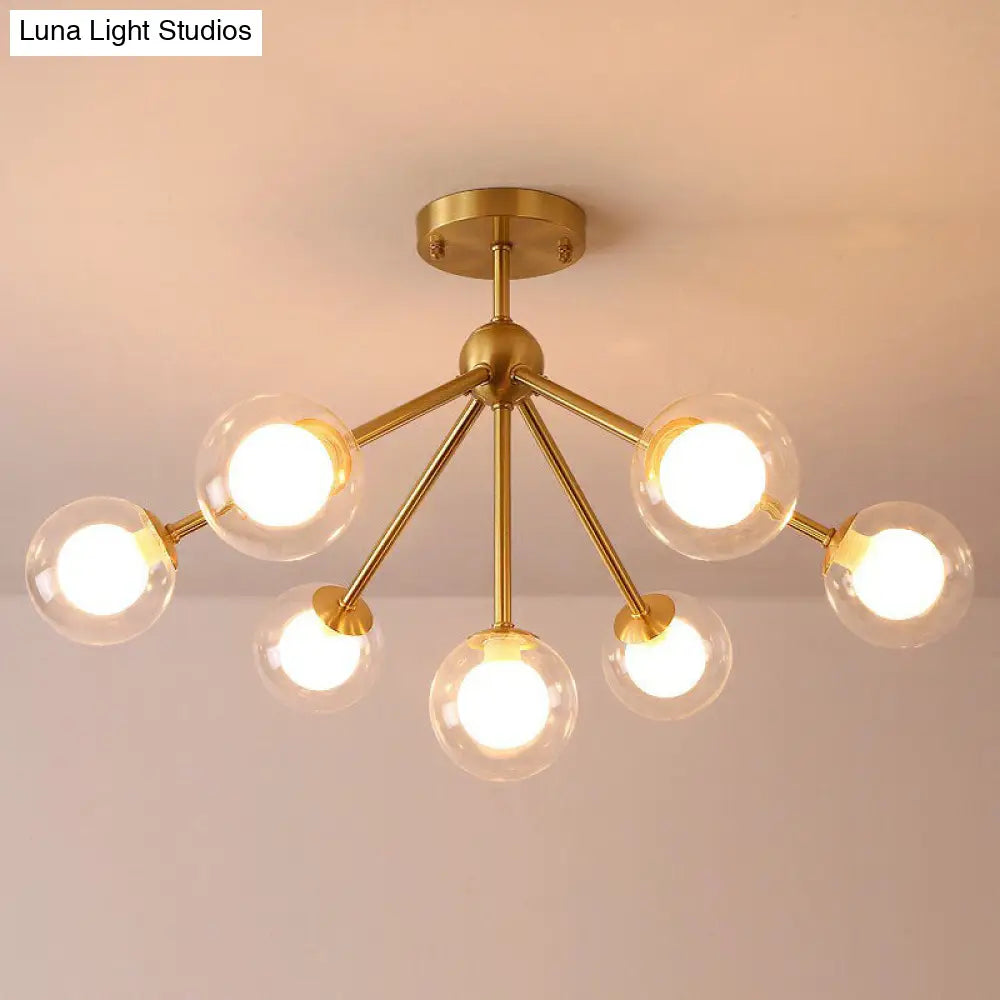 Minimalist Gold Metal Chandelier With Dual Ball Glass Shades - Ideal Ceiling Light For Dining Room