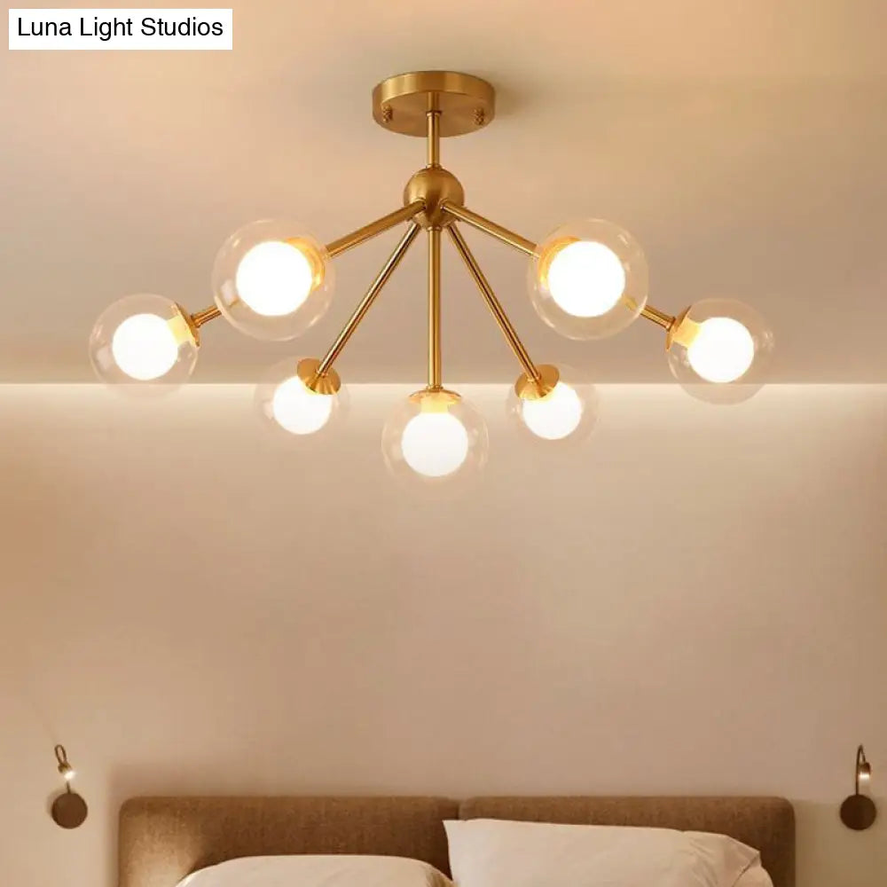 Minimalist Gold Metal Chandelier With Dual Ball Glass Shades - Ideal Ceiling Light For Dining Room