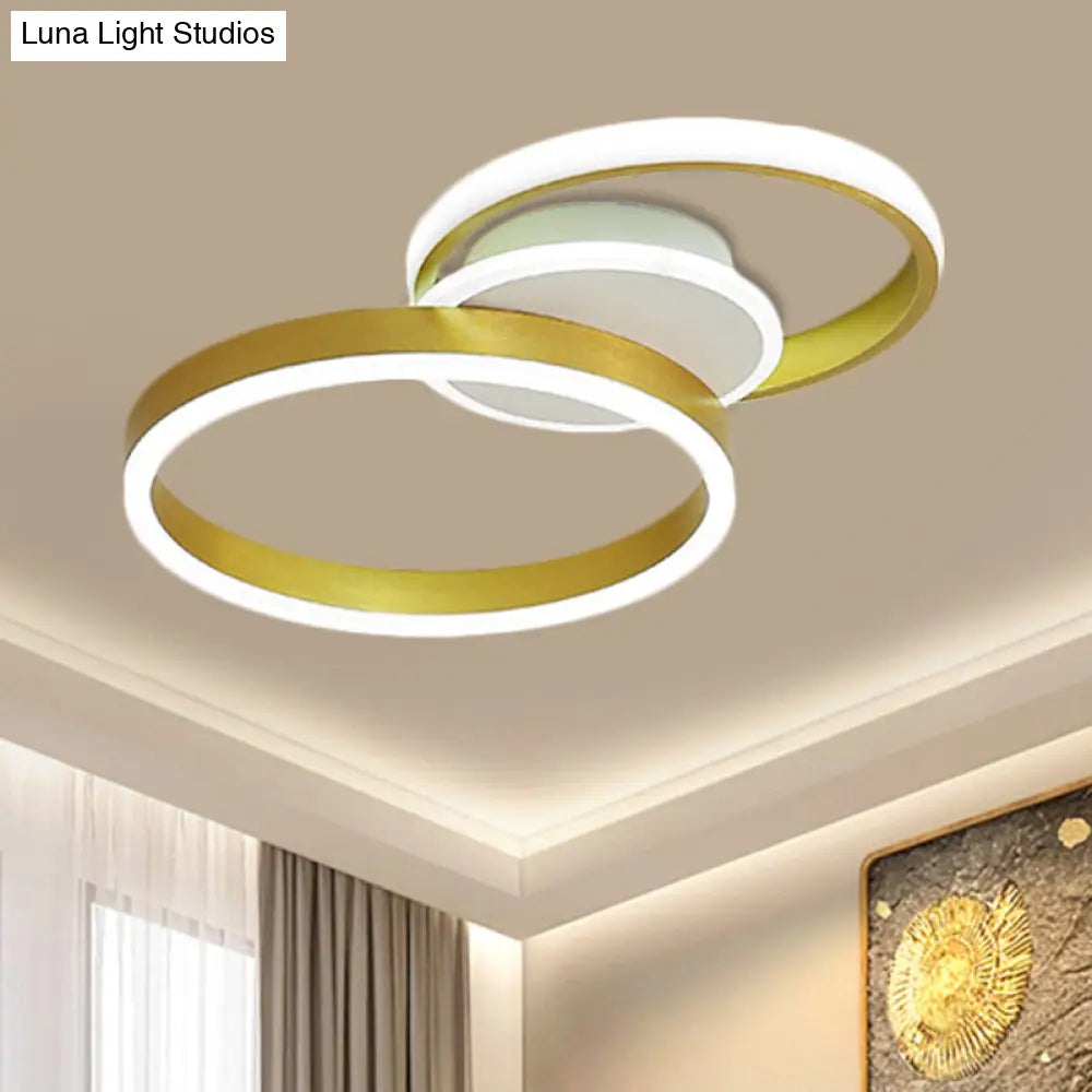 Minimalist Gold Metal Led Parlor Flush Mount Ceiling Light Fixture With Dual Rings