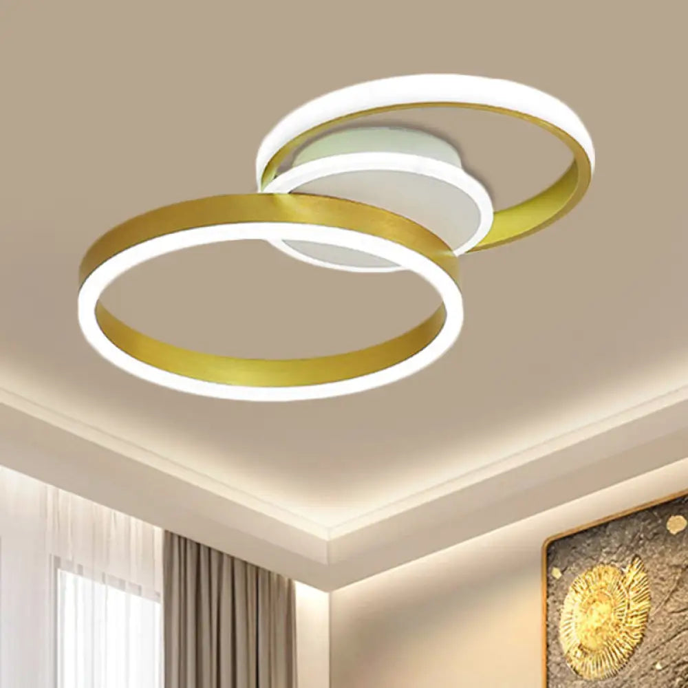 Minimalist Gold Metal Led Parlor Flush Mount Ceiling Light Fixture With Dual Rings