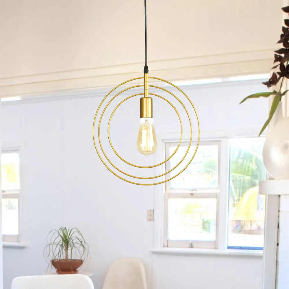 Minimalist Gold Metallic Restaurant Hanging Lamp With 3-Rings & 1 Bulb