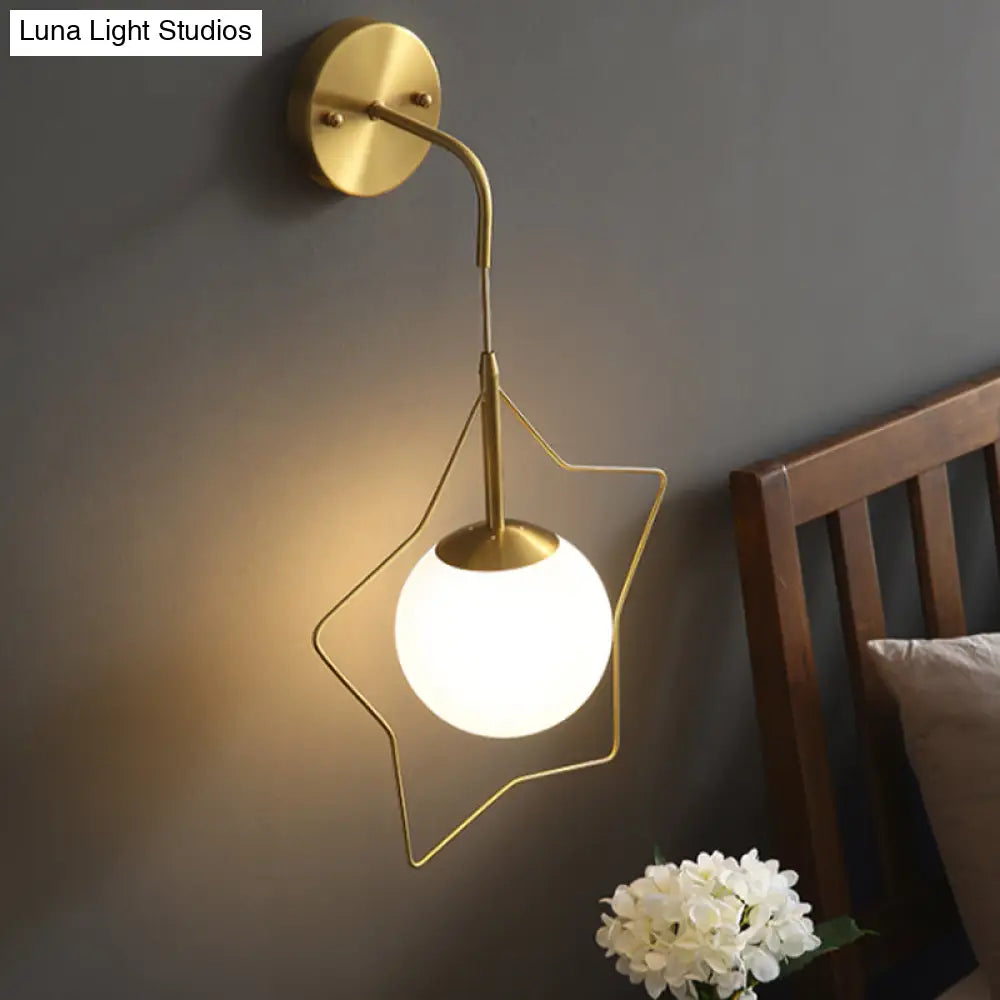 Minimalist Gold Metallic Star Wall Mounted Light With White Glass Shade - Sleek 1 Bulb Lighting