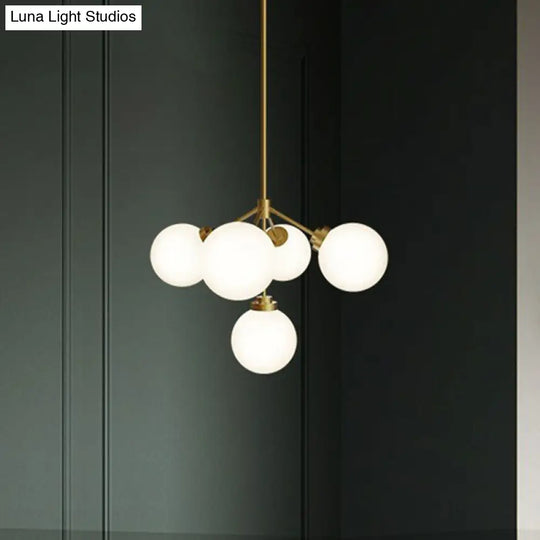Minimalist Gold Opal Glass 5-Bulb Chandelier - Ball Dining Room Hanging Lamp