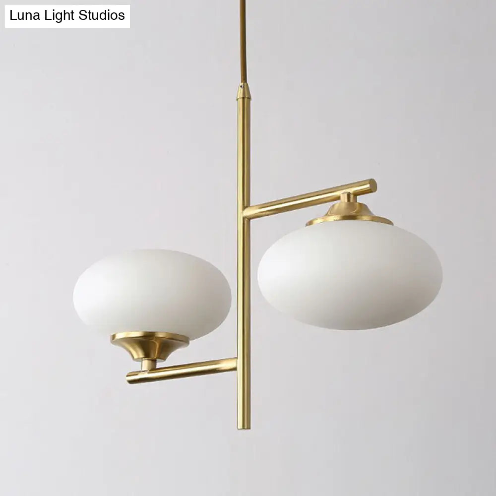 Minimalist Gold Oval Pendant Chandelier: White Glass Lighting With 2 Lights