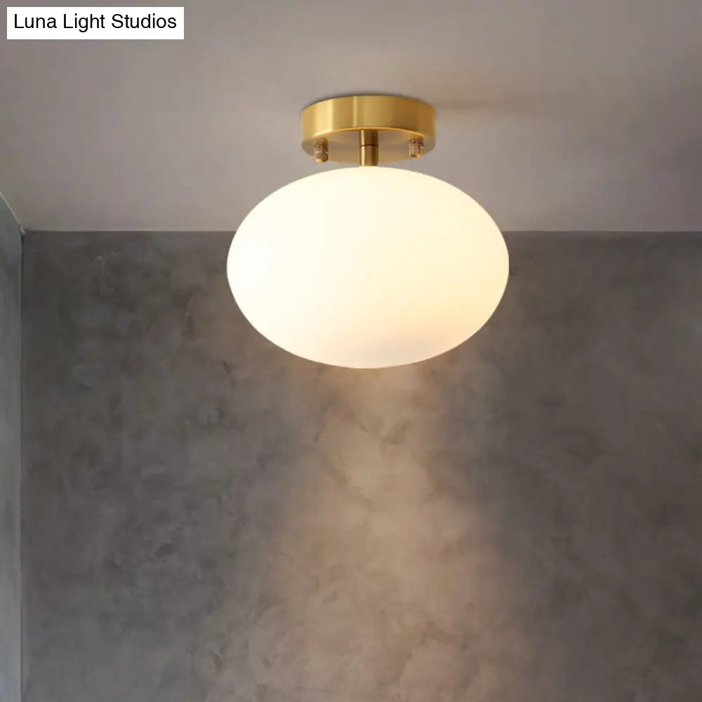 Minimalist Gold Oval Semi Flush Ceiling Light - 1 - Light Cream Glass Lamp For Bedroom