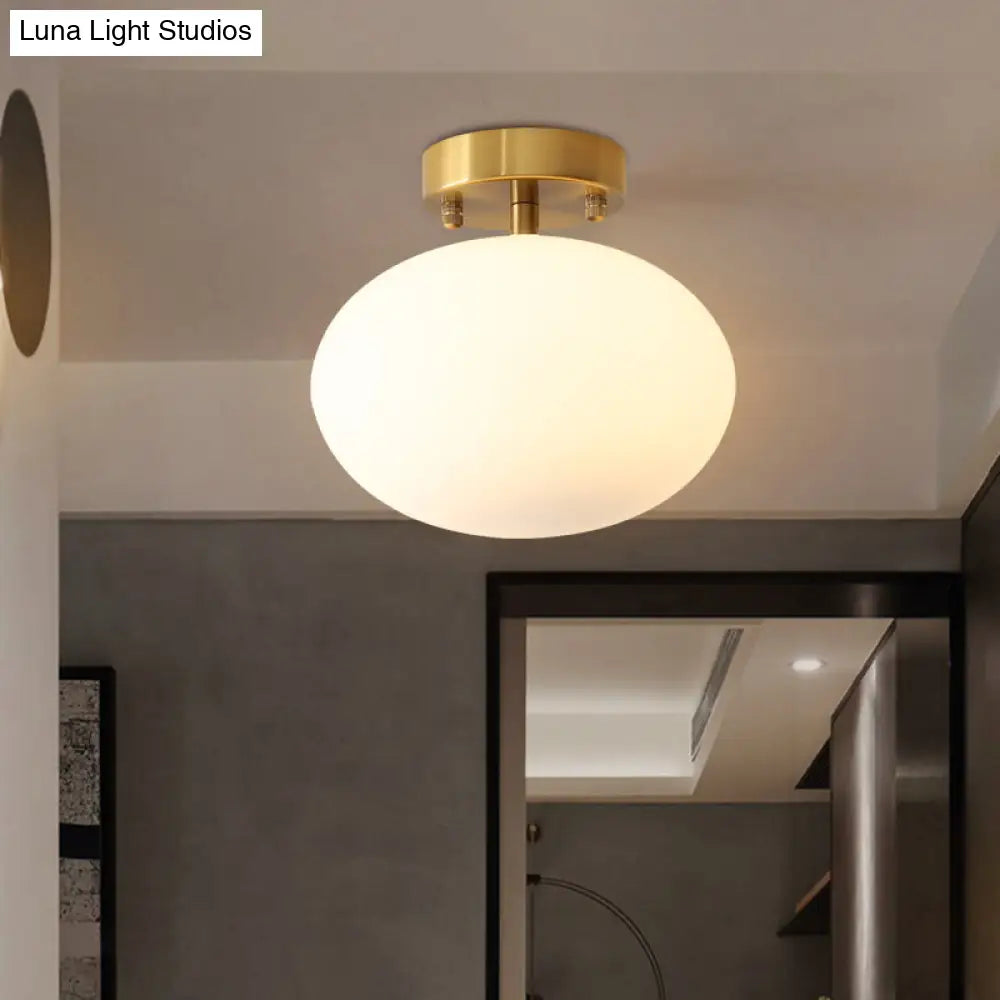 Minimalist Gold Oval Semi Flush Ceiling Light - 1 - Light Cream Glass Lamp For Bedroom