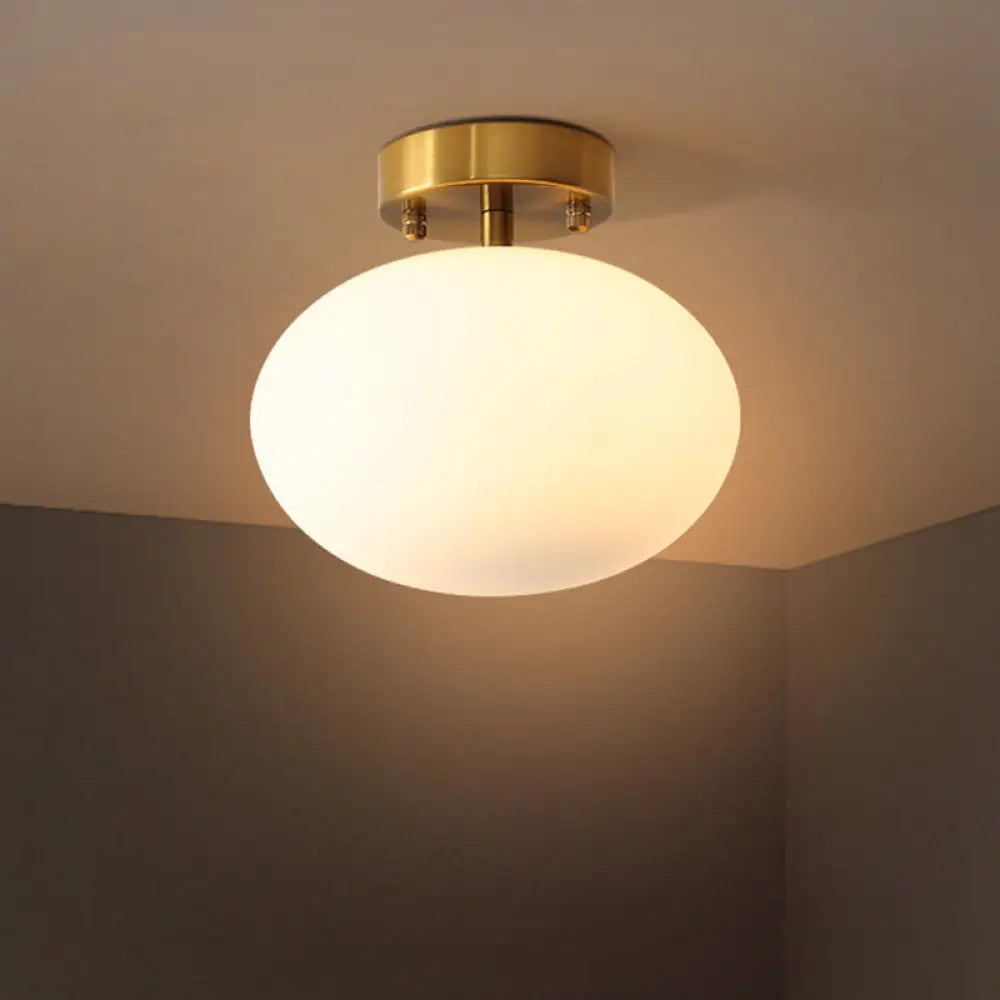 Minimalist Gold Oval Semi Flush Ceiling Light - 1 - Light Cream Glass Lamp For Bedroom