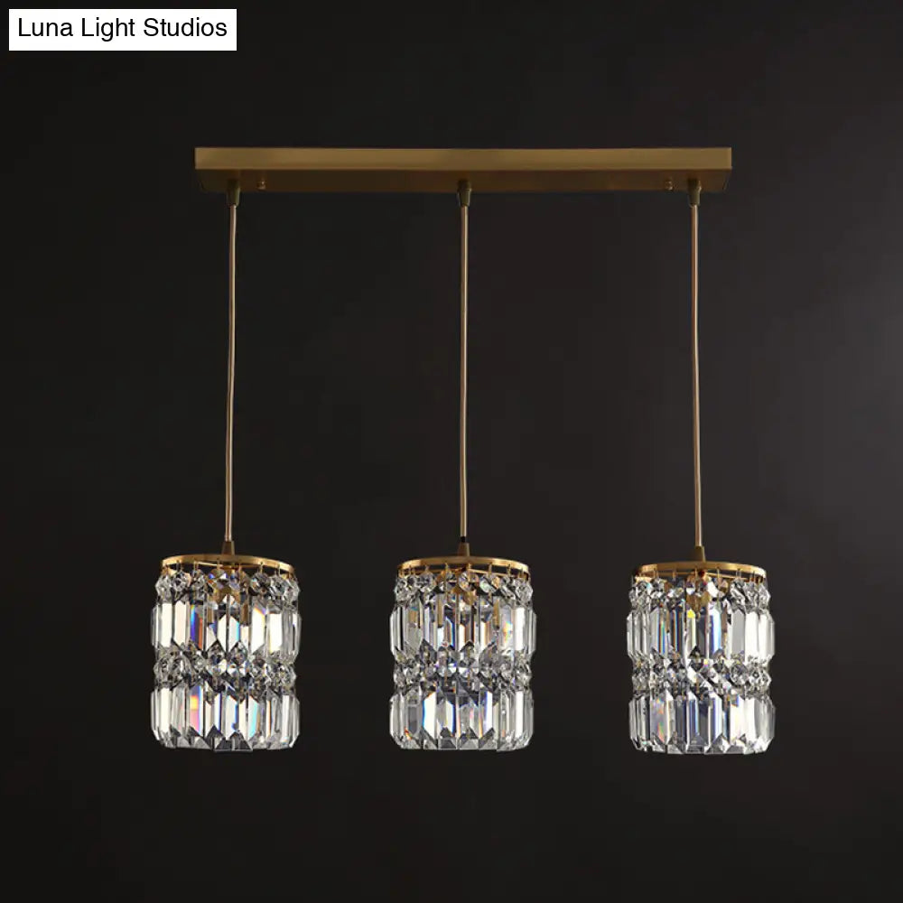 Minimalist Gold Pendant Light Fixture: Crystal Cylindrical Multi-Light 3-Light Hanging Design For