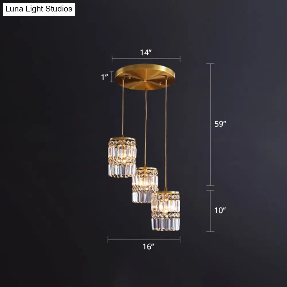 Minimalist Gold Pendant Light Fixture: Crystal Cylindrical Multi-Light 3-Light Hanging Design For
