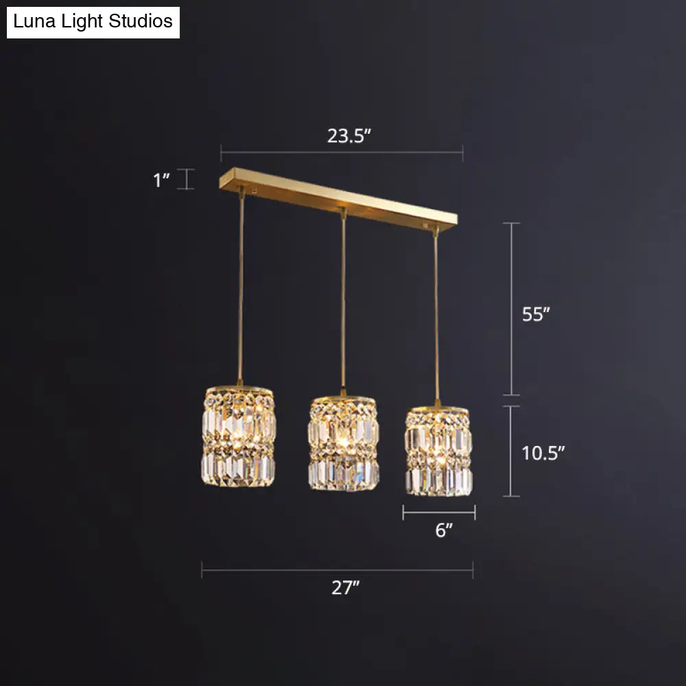 Minimalist Gold Pendant Light Fixture: Crystal Cylindrical Multi-Light 3-Light Hanging Design For