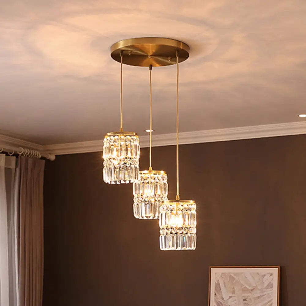 Minimalist Gold Pendant Light Fixture: Crystal Cylindrical Multi-Light 3-Light Hanging Design For