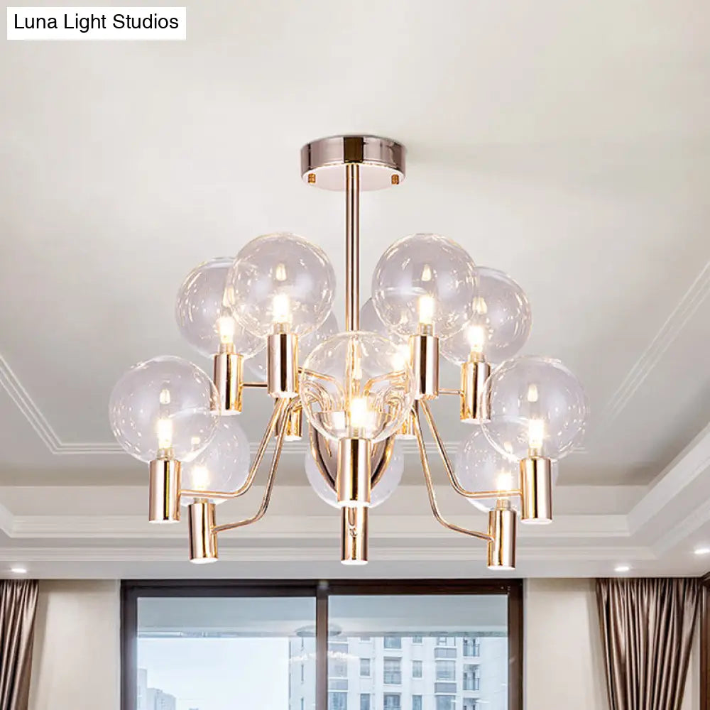 Minimalist Gold Pendant Light With Clear Glass Shade - 12 Bulbs Living Room Chandelier