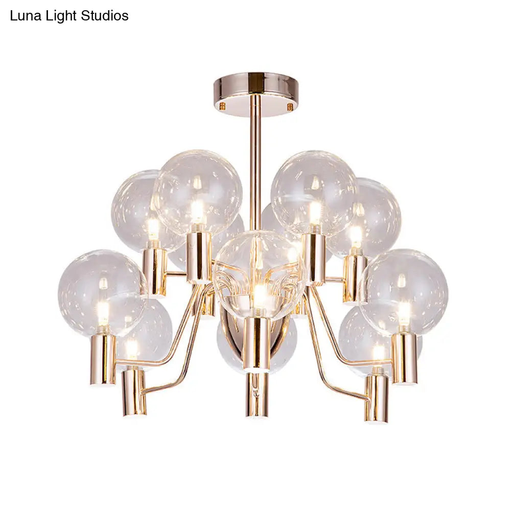 Minimalist Gold Pendant Light With Clear Glass Shade - 12 Bulbs Living Room Chandelier