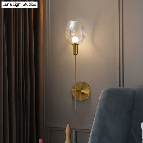 Minimalist Gold Sconce Wall Light With Clear Dimpled Cup And Pencil Arm For Hallway