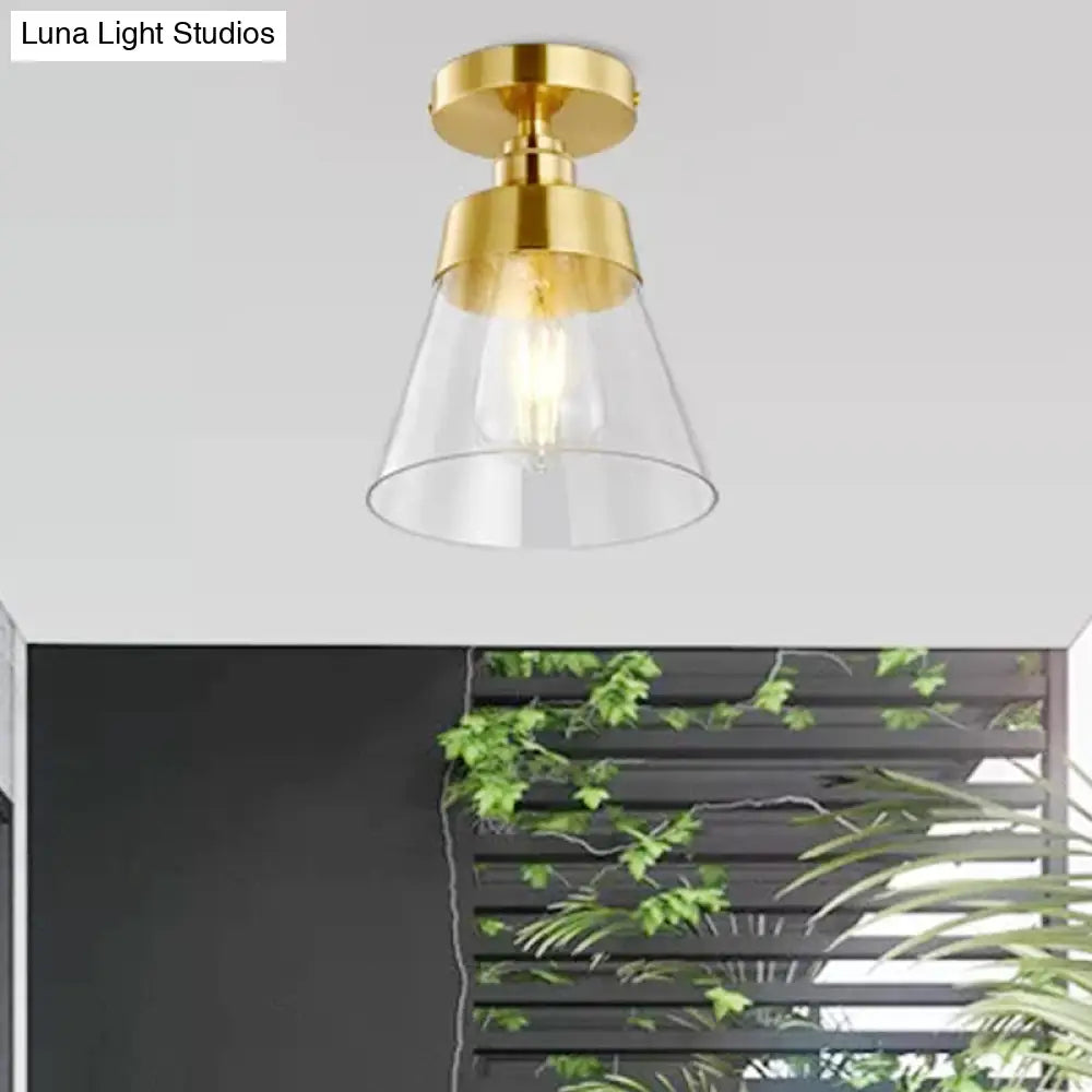 Minimalist Gold Semi Flush Mount Light With Conical Shade And Clear Glass Ceiling Fixture