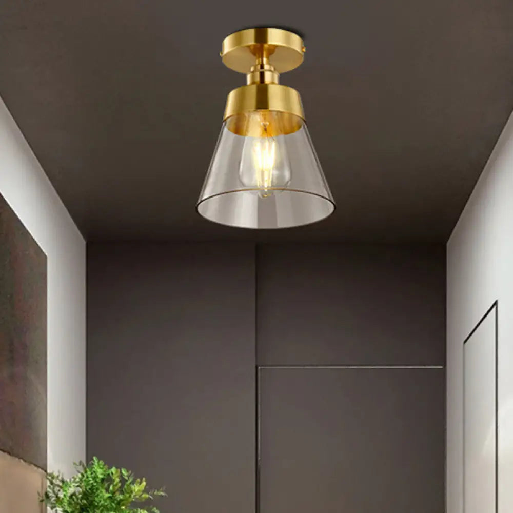 Minimalist Gold Semi Flush Mount Light With Conical Shade And Clear Glass Ceiling Fixture