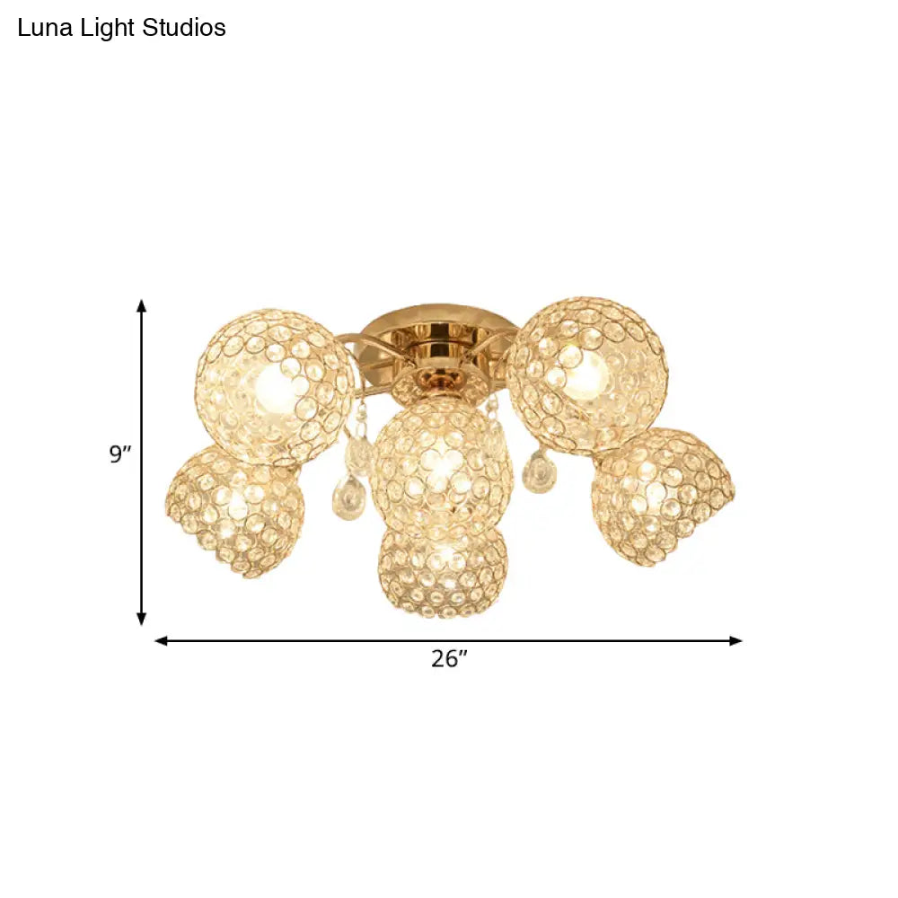 Minimalist Gold Semi-Flush Mount Light With Crystal-Embedded Shade - 6/9 Heads Ceiling Fixture