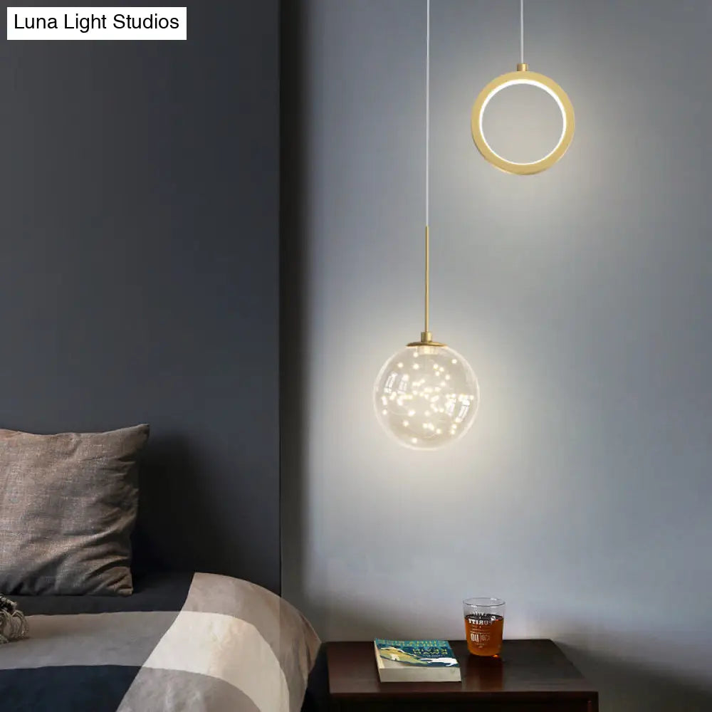 Minimalist Gold Glass Ball & Ring Led Pendant - 2-Light Starry Suspension Light For Bedroom