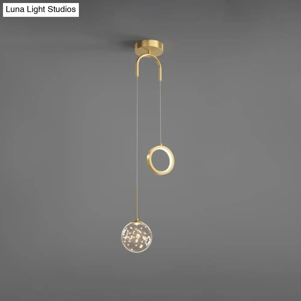 Minimalist Gold Glass Ball & Ring Led Pendant - 2-Light Starry Suspension Light For Bedroom / Third