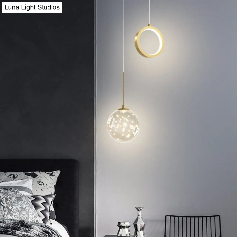 Minimalist Gold Glass Ball & Ring Led Pendant - 2-Light Starry Suspension Light For Bedroom