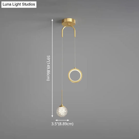 Minimalist Gold Glass Ball & Ring Led Pendant - 2-Light Starry Suspension Light For Bedroom