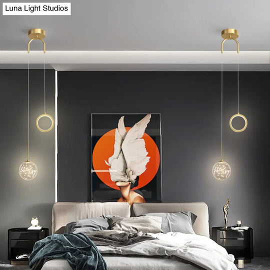 Minimalist Gold Glass Ball & Ring Led Pendant - 2-Light Starry Suspension Light For Bedroom