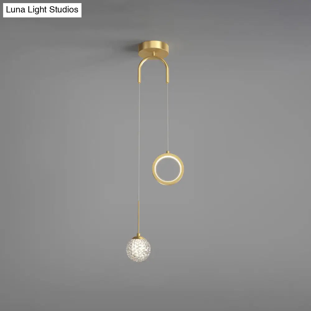 Minimalist Gold Glass Ball & Ring Led Pendant - 2-Light Starry Suspension Light For Bedroom / White