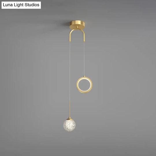 Minimalist Gold Glass Ball & Ring Led Pendant - 2-Light Starry Suspension Light For Bedroom / White