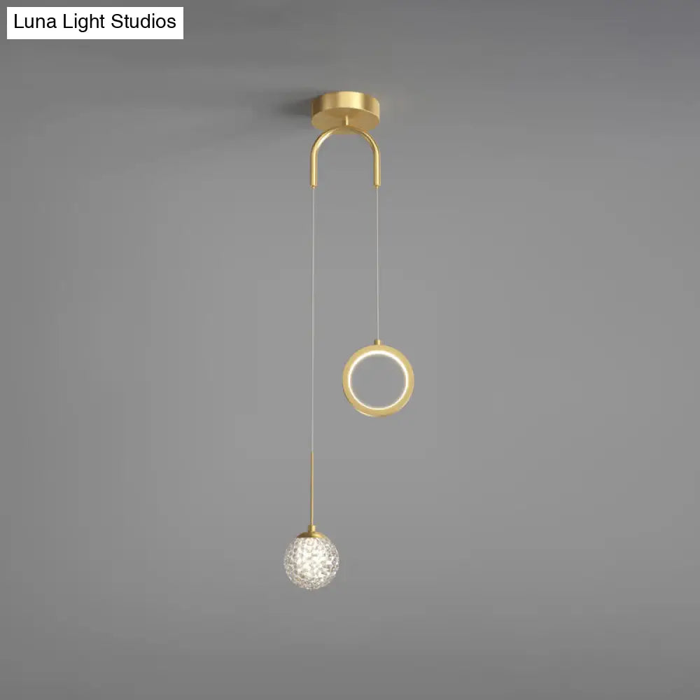 Minimalist Gold Glass Ball & Ring Led Pendant - 2-Light Starry Suspension Light For Bedroom / Remote