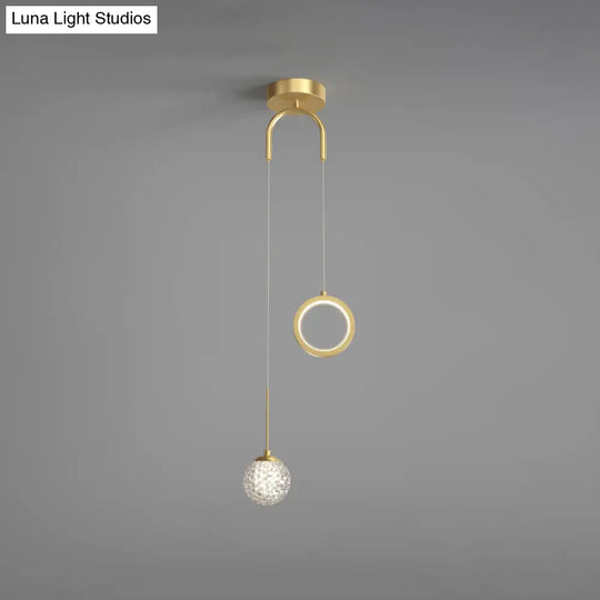 Minimalist Gold Glass Ball & Ring Led Pendant - 2-Light Starry Suspension Light For Bedroom / Remote