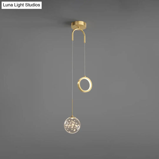 Minimalist Gold Glass Ball & Ring Led Pendant - 2-Light Starry Suspension Light For Bedroom / White