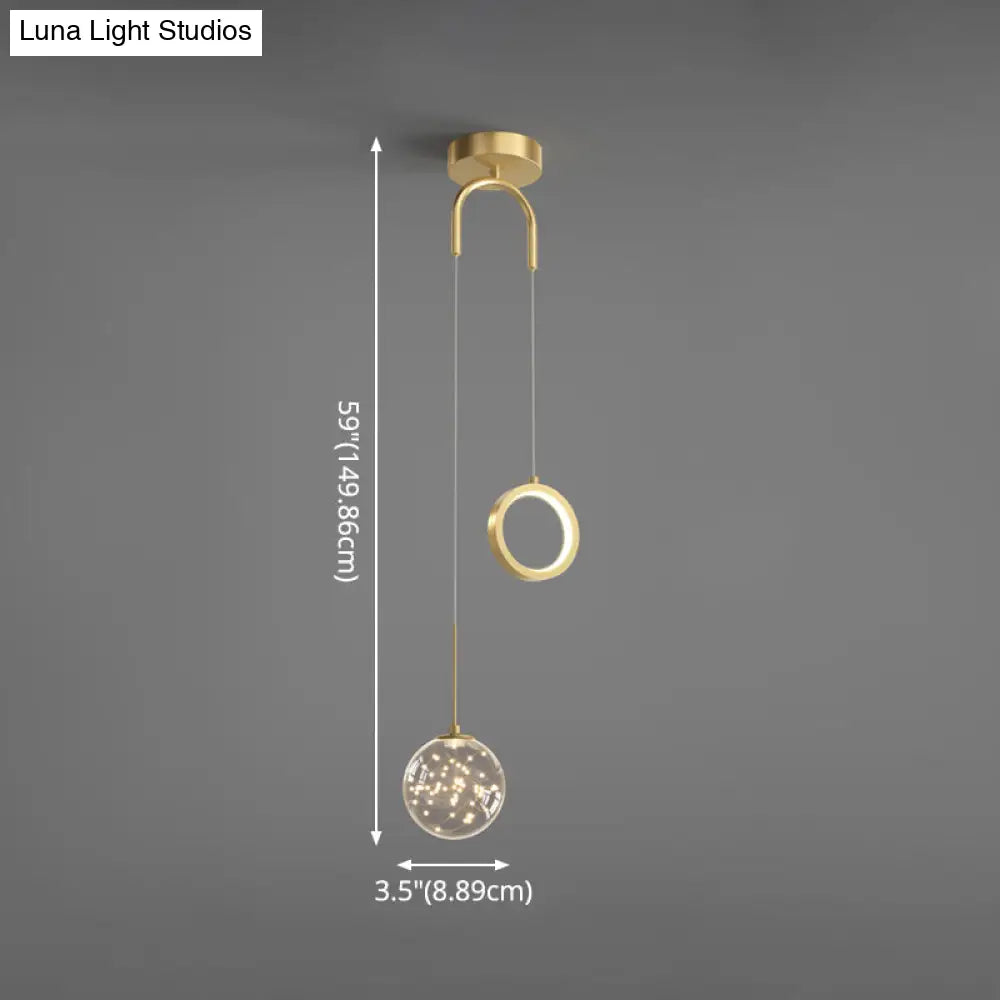 Minimalist Gold Glass Ball & Ring Led Pendant - 2-Light Starry Suspension Light For Bedroom
