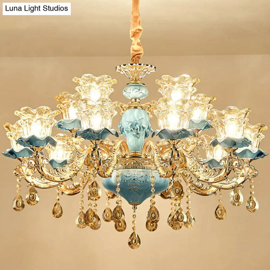 Minimalist Gold Suspension Pendant Light With Floral Blown Clear Glass For Living Room