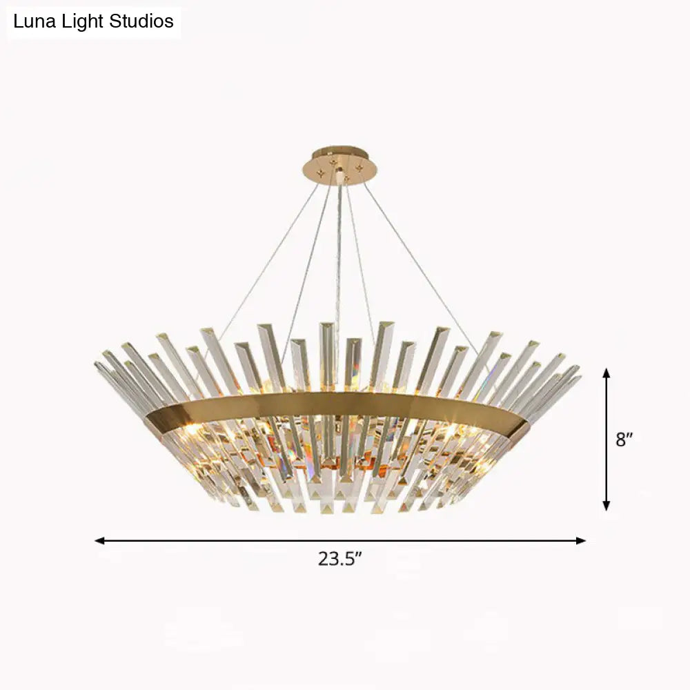 Minimalist Gold Tapered Chandelier With Crystal Prism - Living Room Pendant Light / 23.5