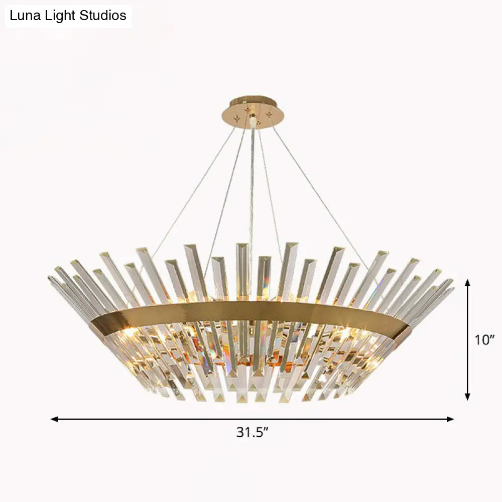 Minimalist Gold Tapered Chandelier With Crystal Prism - Living Room Pendant Light / 31.5