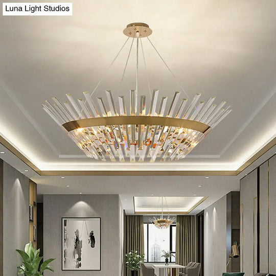 Minimalist Gold Tapered Chandelier With Crystal Prism - Living Room Pendant Light