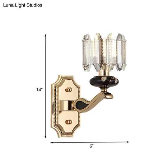 Minimalist Gold Wall Sconce Light - Faceted Glass Cylindrical Design Bedroom Mount Lamp