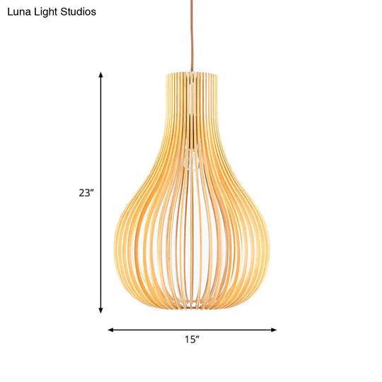 Beige Cutout Gourd Pendant Ceiling Lamp With Wood Shade - Minimalist 1-Bulb 12/15 W